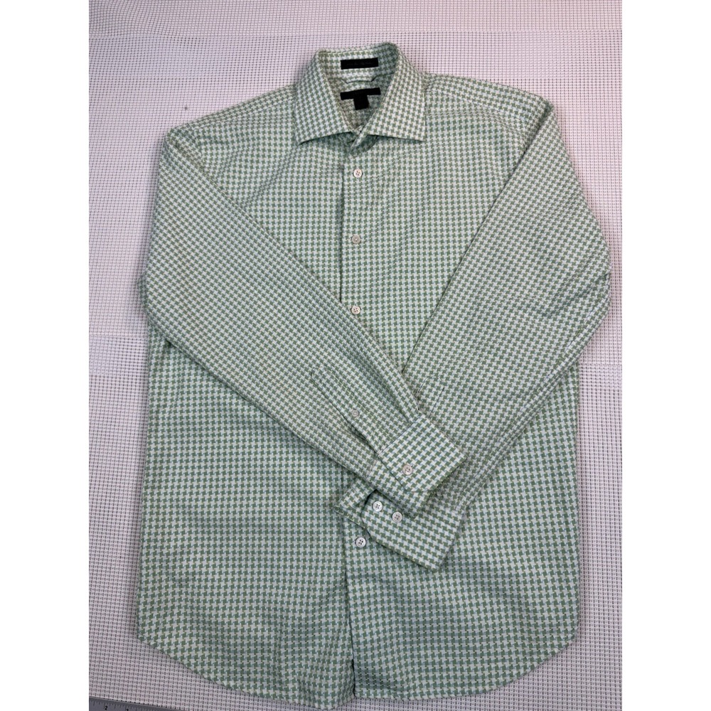 Express Mens L Green Blue Check Dress Shirt 100% Cotton Classic Fit Long Sleeve